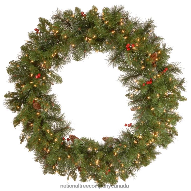 National Tree Company Pre-Lit Artificial Christmas Wreath Green Crestwood Spruce White Lights Decorated with Pine Cones Berry Clusters Frosted Branches Christmas Collection 36 Inches 68R08227