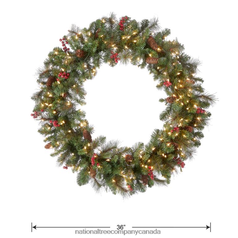 National Tree Company Pre-Lit Artificial Christmas Wreath Green Crestwood Spruce White Lights Decorated with Pine Cones Berry Clusters Frosted Branches Christmas Collection 36 Inches 68R08227