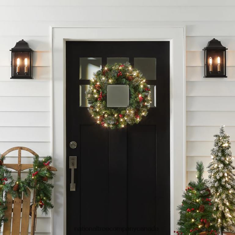 National Tree Company Pre-Lit Artificial Christmas Wreath Green Crestwood Spruce White Lights Plug-In Decorated with Pine Cones Berry Clusters Christmas Collection 24 Inches 68R08220