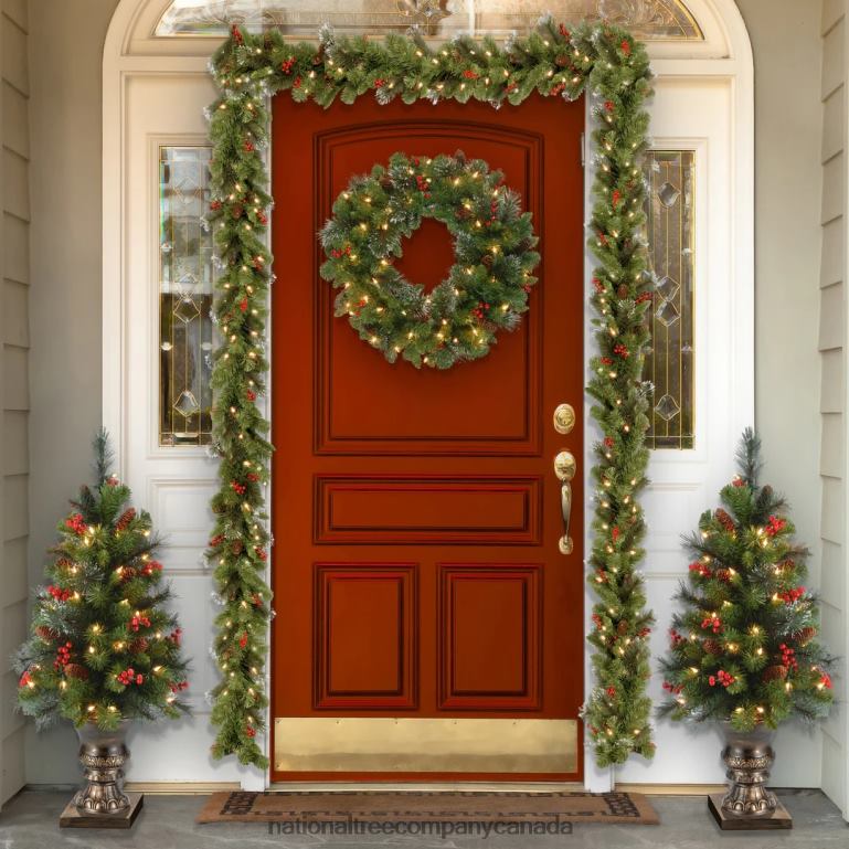 National Tree Company Pre-Lit Artificial Christmas Wreath Green Crestwood Spruce White Lights Plug-In Decorated with Pine Cones Berry Clusters Christmas Collection 24 Inches 68R08220