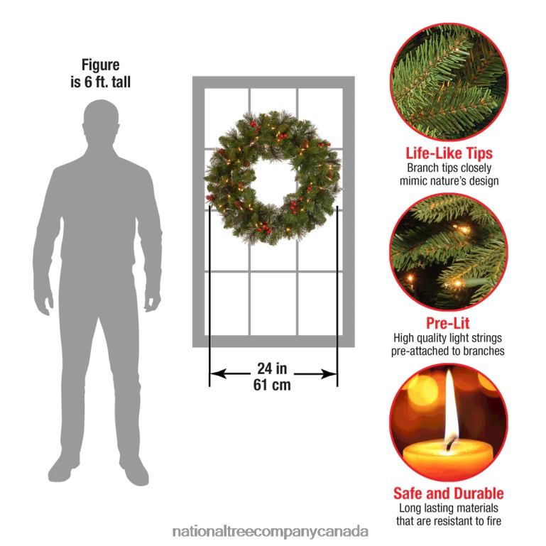 National Tree Company Pre-Lit Artificial Christmas Wreath Green Crestwood Spruce White Lights Plug-In Decorated with Pine Cones Berry Clusters Christmas Collection 24 Inches 68R08220