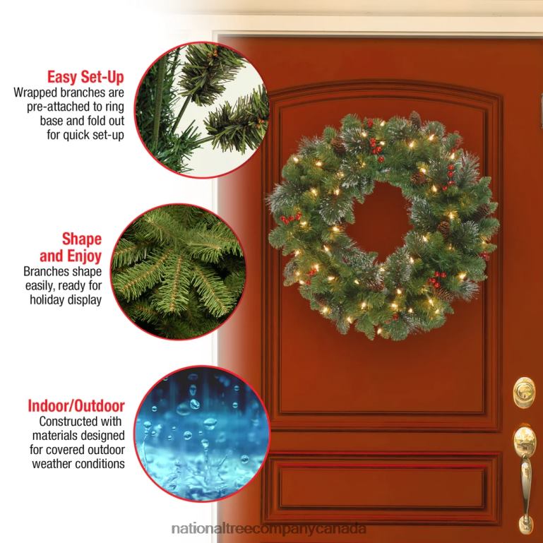 National Tree Company Pre-Lit Artificial Christmas Wreath Green Crestwood Spruce White Lights Plug-In Decorated with Pine Cones Berry Clusters Christmas Collection 24 Inches 68R08220