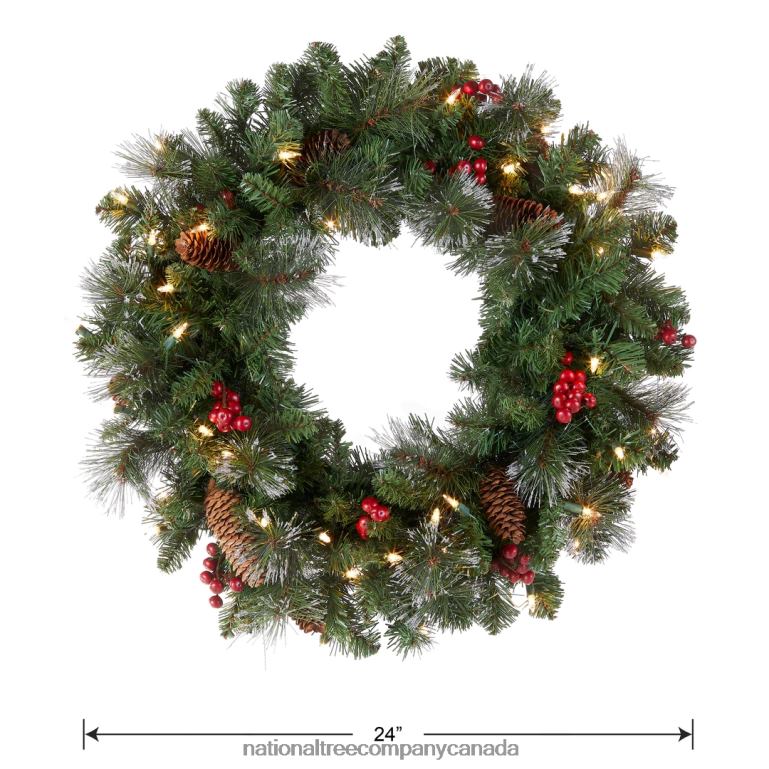 National Tree Company Pre-Lit Artificial Christmas Wreath Green Crestwood Spruce White Lights Plug-In Decorated with Pine Cones Berry Clusters Christmas Collection 24 Inches 68R08220