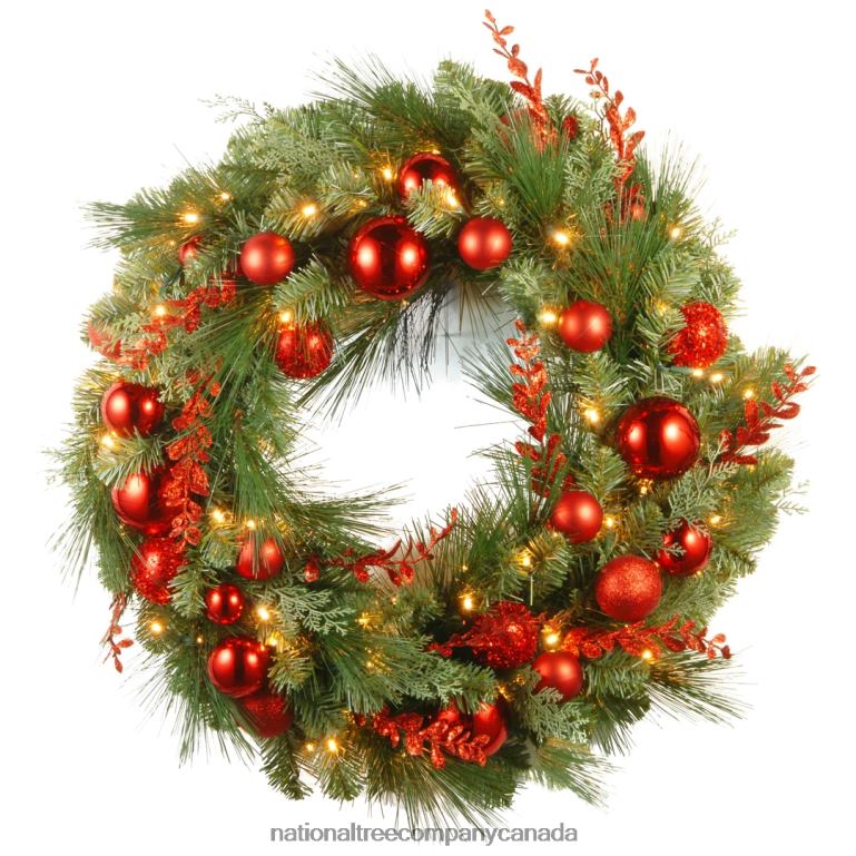 National Tree Company Pre-Lit Artificial Christmas Wreath Green Evergreen White Lights Decorated with Ball Ornaments Red Sprigs Christmas Collection 30 Inches 68R08260