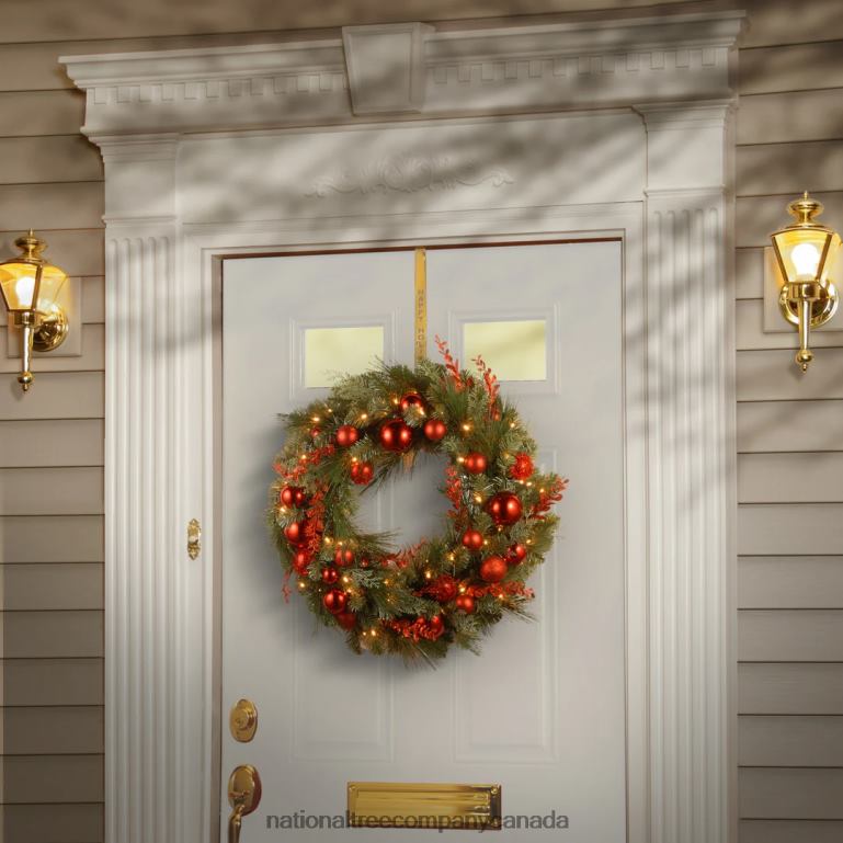 National Tree Company Pre-Lit Artificial Christmas Wreath Green Evergreen White Lights Decorated with Ball Ornaments Red Sprigs Christmas Collection 30 Inches 68R08260