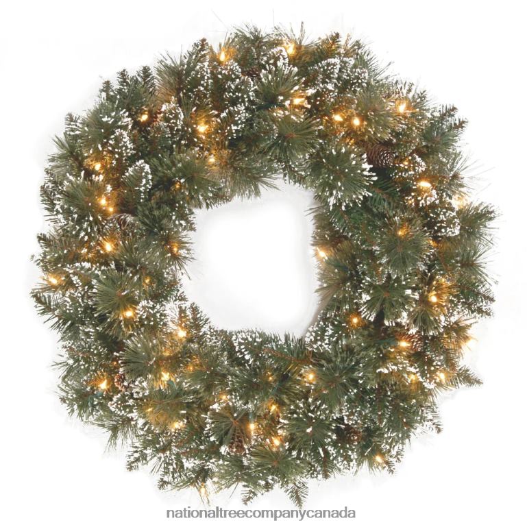 National Tree Company Pre-Lit Artificial Christmas Wreath Green Glittery Bristle Pine White Lights Decorated with Frosted Branches Pine Cones Christmas Collection 24 Inches 68R08222
