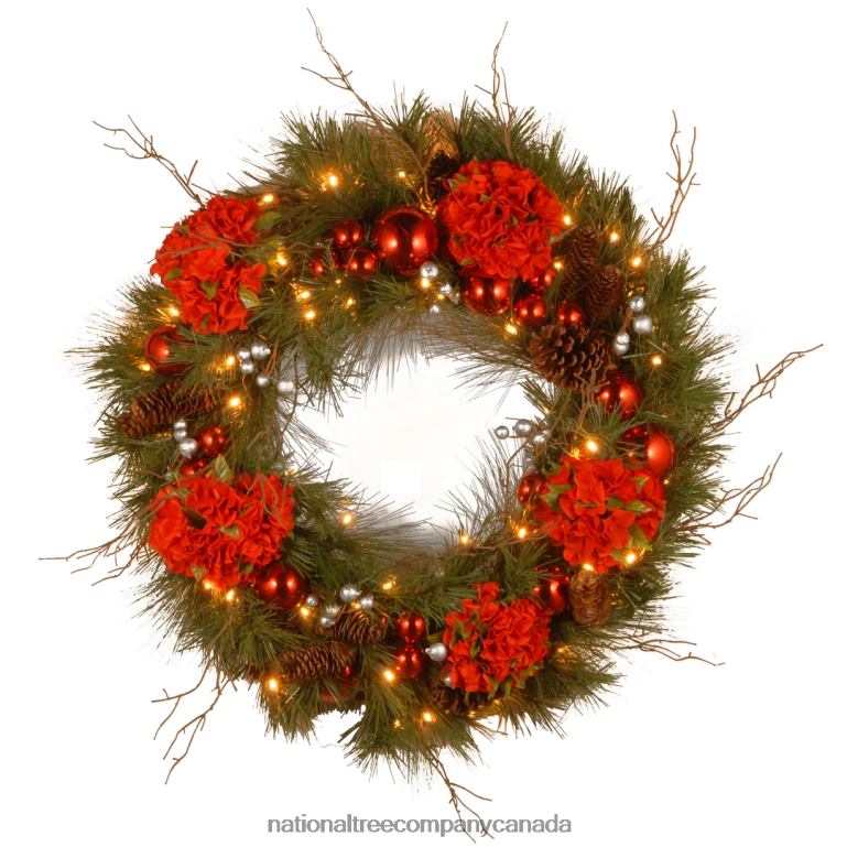 National Tree Company Pre-Lit Artificial Christmas Wreath Green Hydrangea White Lights Decorated with Flower Blooms Ball Ornaments Pine Cones Branches Christmas Collection 24 Inches 68R08297
