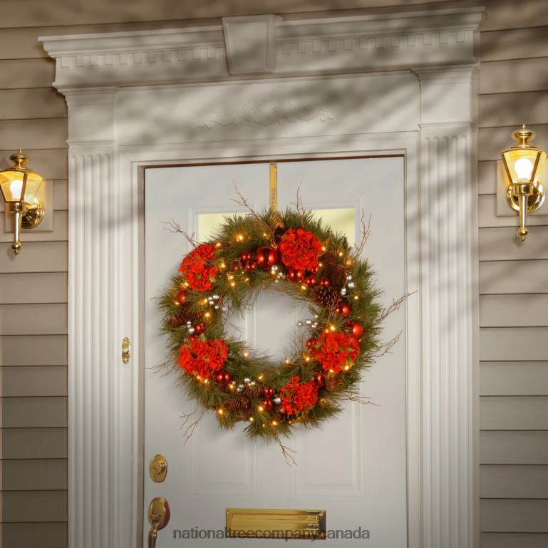 National Tree Company Pre-Lit Artificial Christmas Wreath Green Hydrangea White Lights Decorated with Flower Blooms Ball Ornaments Pine Cones Branches Christmas Collection 24 Inches 68R08297