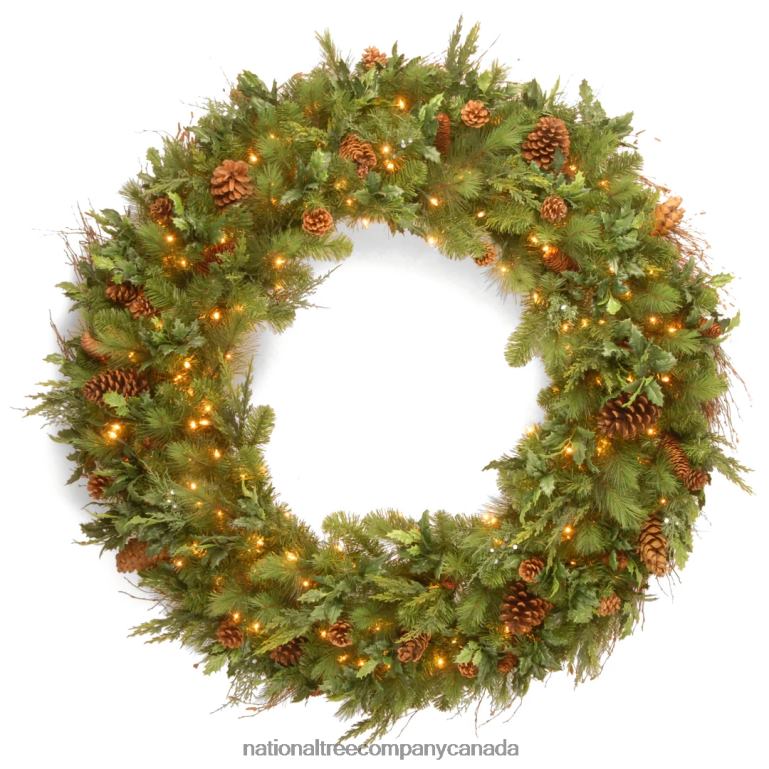 National Tree Company Pre-Lit Artificial Christmas Wreath Green Juniper Pine White Lights Decorated with Pine Cones Christmas Collection 48 Inches 68R08313