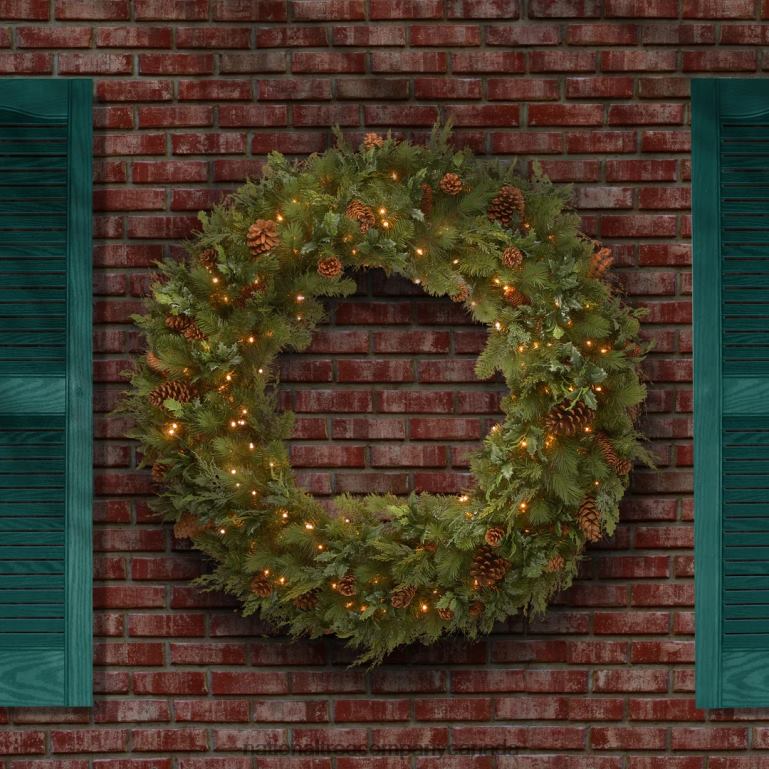 National Tree Company Pre-Lit Artificial Christmas Wreath Green Juniper Pine White Lights Decorated with Pine Cones Christmas Collection 48 Inches 68R08313