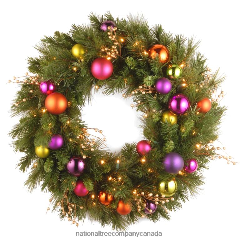 National Tree Company Pre-Lit Artificial Christmas Wreath Green Kaleidoscope White Lights Decorated with Berry Clusters Ball Ornaments Christmas Collection 30 Inches 68R08272
