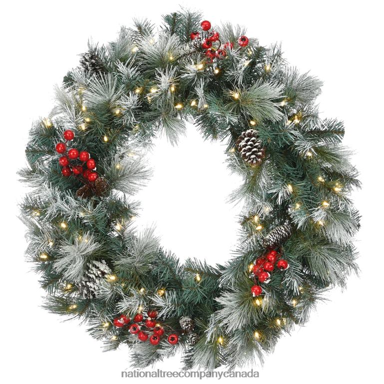 National Tree Company Pre-Lit Artificial Christmas Wreath Green Snowy Glacier Pine White Lights Decorated with Pine Cones Berry Clusters Frosted Branches Christmas Collection 30 Inches 68R0828