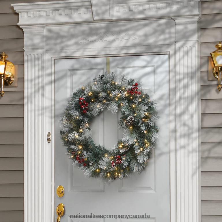 National Tree Company Pre-Lit Artificial Christmas Wreath Green Snowy Glacier Pine White Lights Decorated with Pine Cones Berry Clusters Frosted Branches Christmas Collection 30 Inches 68R0828