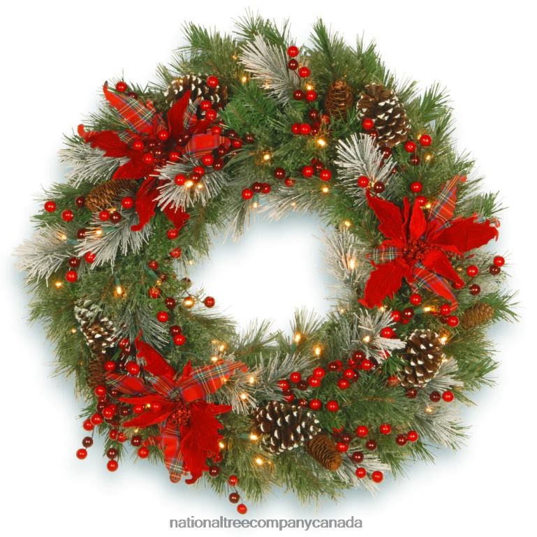 National Tree Company Pre-Lit Artificial Christmas Wreath Green Tartan Plaid White Lights Decorated with Frosted Branches Pine Cones Berry Clusters Flowers Christmas Collection 30 Inches 68R0
