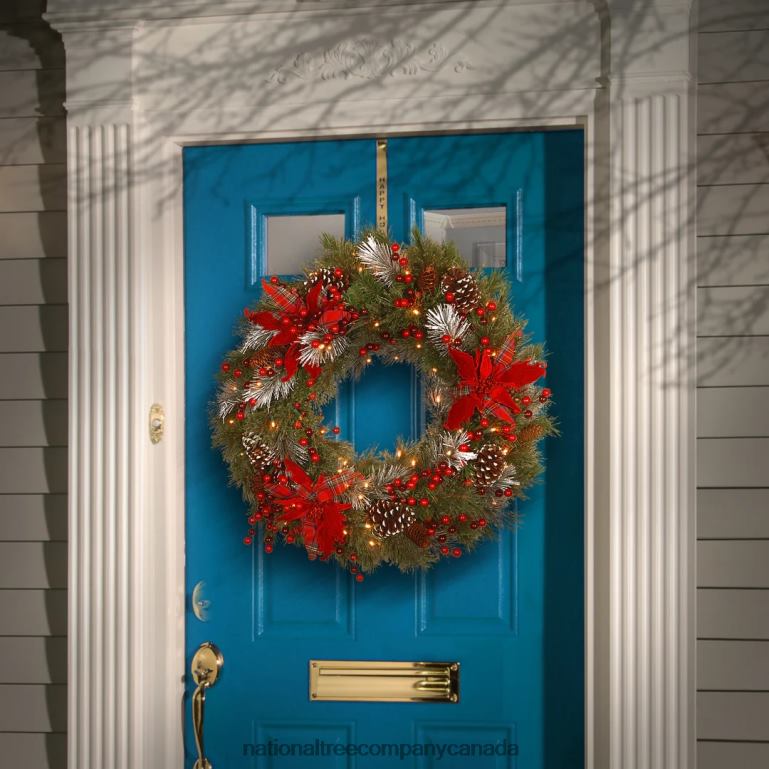 National Tree Company Pre-Lit Artificial Christmas Wreath Green Tartan Plaid White Lights Decorated with Frosted Branches Pine Cones Berry Clusters Flowers Christmas Collection 30 Inches 68R0