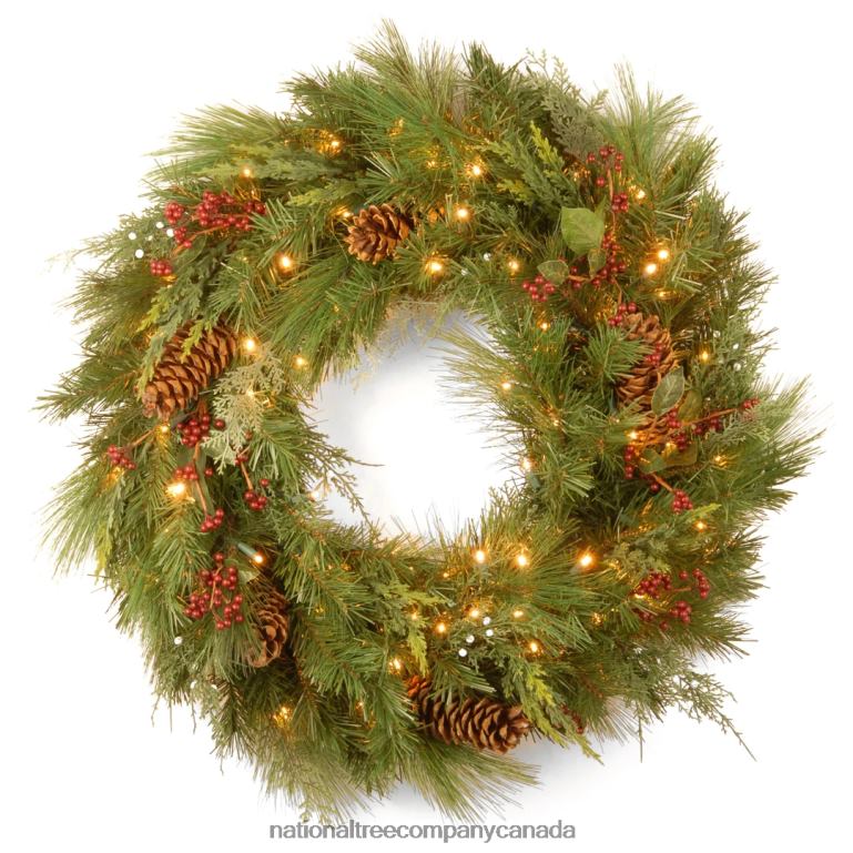 National Tree Company Pre-Lit Artificial Christmas Wreath Green White Pine White Lights Decorated with Berry Clusters Pine Cones Christmas Collection 30 Inches 68R08271
