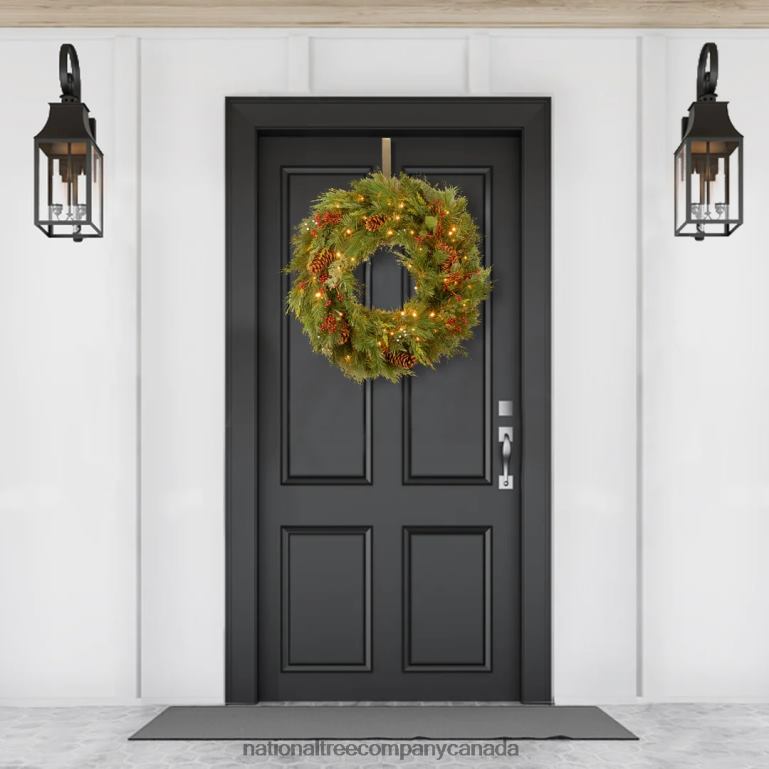 National Tree Company Pre-Lit Artificial Christmas Wreath Green White Pine White Lights Decorated with Berry Clusters Pine Cones Christmas Collection 30 Inches 68R08271