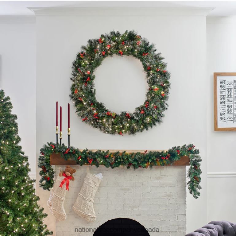 National Tree Company Pre-Lit Artificial Christmas Wreath Green Wintry Pine White Lights Decorated with Pine Cones Berry Clusters Frosted Branches Christmas Collection 48 Inches 68R08240
