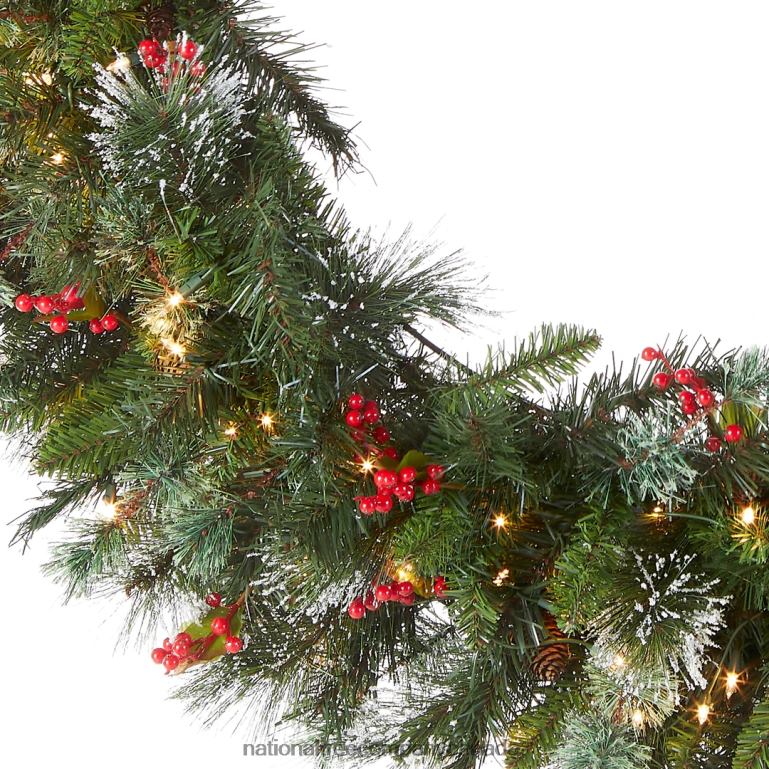 National Tree Company Pre-Lit Artificial Christmas Wreath Green Wintry Pine White Lights Decorated with Pine Cones Berry Clusters Frosted Branches Christmas Collection 48 Inches 68R08240