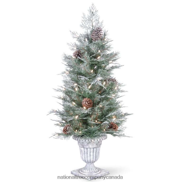 National Tree Company Pre-Lit Artificial Entrance Christmas Tree Frosted Mountain Spruce Green White Lights Decorated with Berry Clusters Pine Cones Includes Metal Base 4 Feet 68R08206