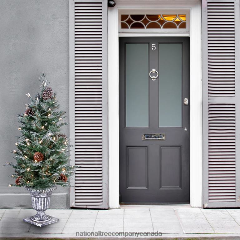 National Tree Company Pre-Lit Artificial Entrance Christmas Tree Frosted Mountain Spruce Green White Lights Decorated with Berry Clusters Pine Cones Includes Metal Base 4 Feet 68R08206