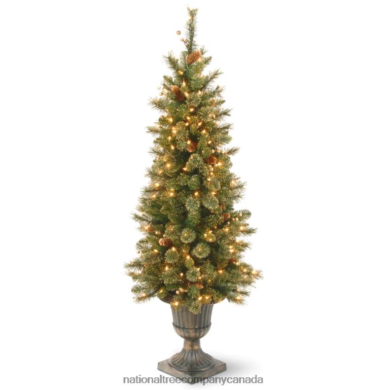 National Tree Company Pre-Lit Artificial Entrance Christmas Tree Glittery Gold Pine Green White Lights Decorated with Berry Clusters Pine Cones Includes Metal Base 4 Feet 68R08205