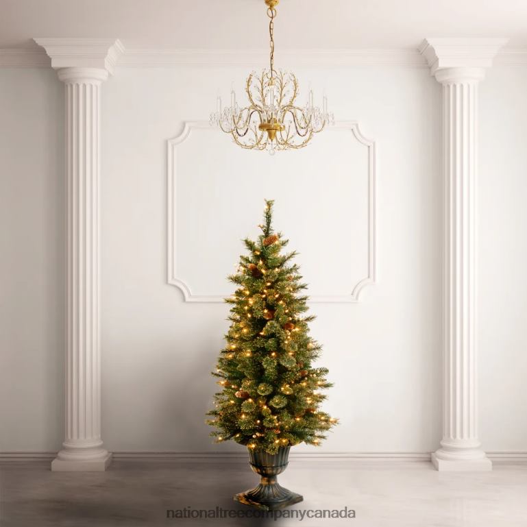 National Tree Company Pre-Lit Artificial Entrance Christmas Tree Glittery Gold Pine Green White Lights Decorated with Berry Clusters Pine Cones Includes Metal Base 4 Feet 68R08205