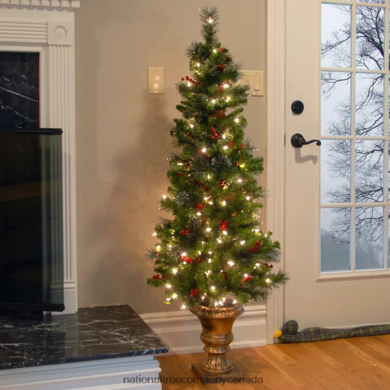 National Tree Company Pre-Lit Artificial Entrance Christmas Tree Green Crestwood Spruce White Lights Decorated with Pine Cones Berry Clusters Frosted Branches Includes Pot Base 5 Feet 68R08191