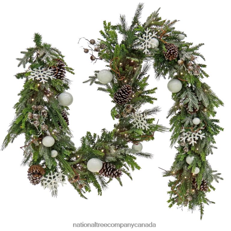 National Tree Company Pre Lit Artificial Garland Alpine Green Decorated with White Ball Ornaments Snow Flakes Berry Clusters Warm White LED Lights Battery Powered Christmas Collection 9 Feet