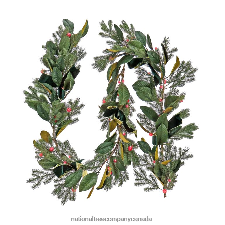 National Tree Company Pre Lit Artificial Garland Magnolia Mix Green Decorated with Leafy Greens Red Berry LED Lights Battery Powered Christmas Collection 9 Feet 68R08431
