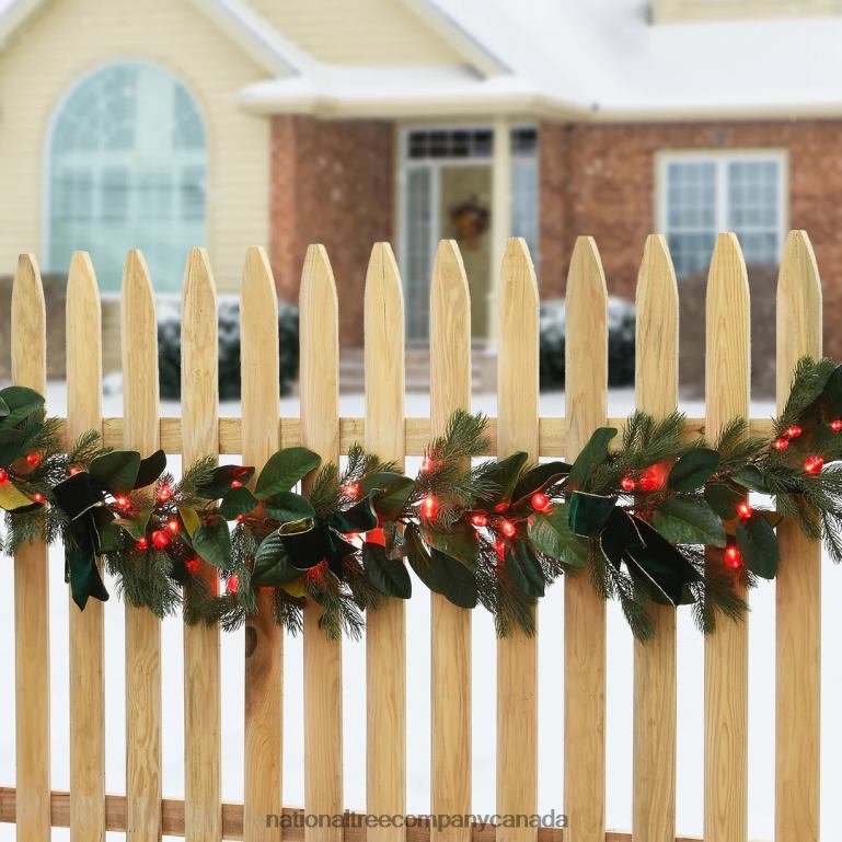 National Tree Company Pre Lit Artificial Garland Magnolia Mix Green Decorated with Leafy Greens Red Berry LED Lights Battery Powered Christmas Collection 9 Feet 68R08431