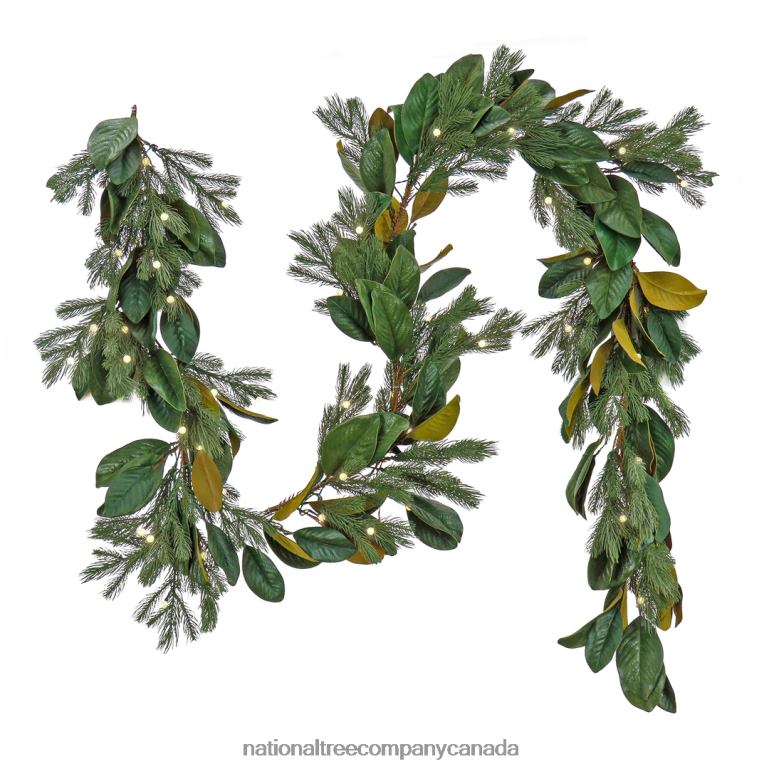 National Tree Company Pre Lit Artificial Garland Magnolia Mix Green Decorated with Leafy Greens Warm White LED Lights Battery Powered Christmas Collection 9 Feet 68R08386