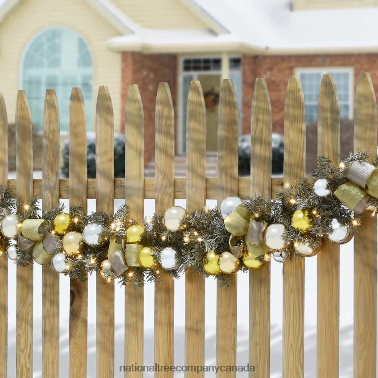 National Tree Company Pre Lit Artificial Garland Metallic Gold Decorated with Gold and Silver Ball Ornaments Golden Bows Warm White LED Lights Battery Powered Christmas Collection 9 Feet 68R08