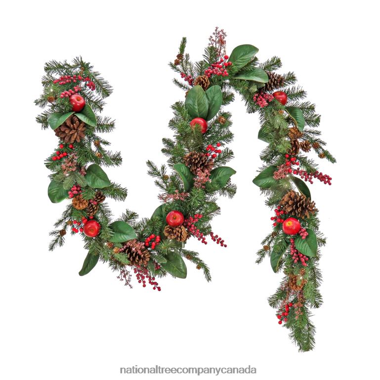 National Tree Company Pre Lit Artificial Garland Rural Homestead Green Decorated with Apples Red Berry Clusters Pine Cones Warm White LED Lights Battery Powered Christmas Collection 9 Feet 68
