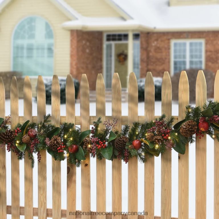 National Tree Company Pre Lit Artificial Garland Rural Homestead Green Decorated with Apples Red Berry Clusters Pine Cones Warm White LED Lights Battery Powered Christmas Collection 9 Feet 68