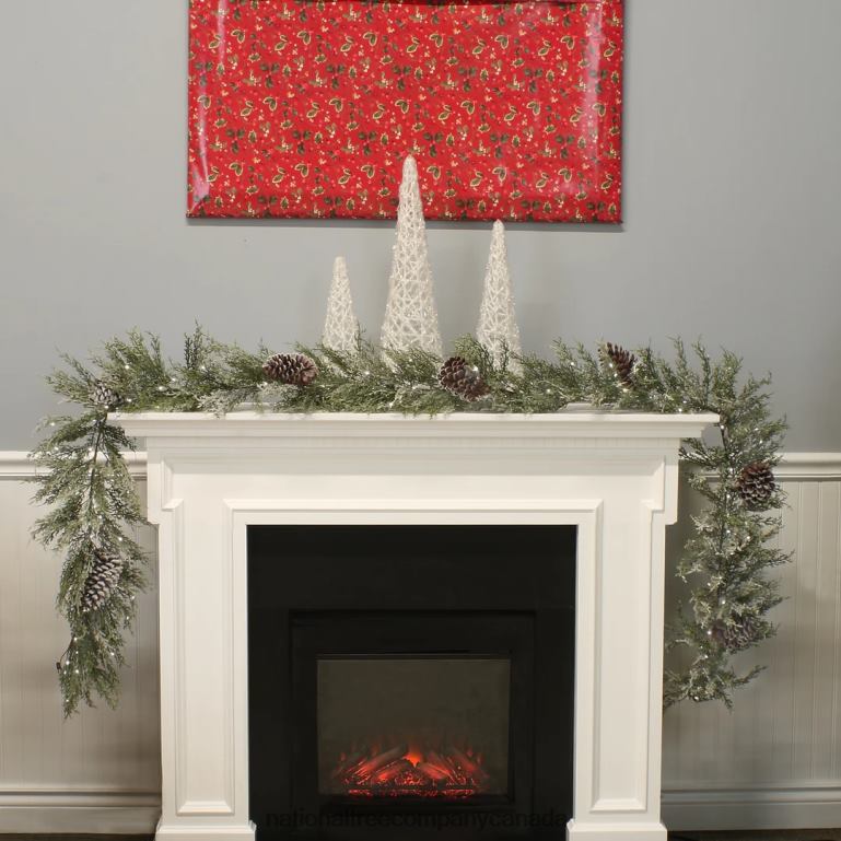 National Tree Company Pre Lit Artificial Garland Snowy Christmas Green Frosted Decorated with Frosted Pine Cones Pure White LED Lights Battery Powered Christmas Collection 9 Feet 68R08395