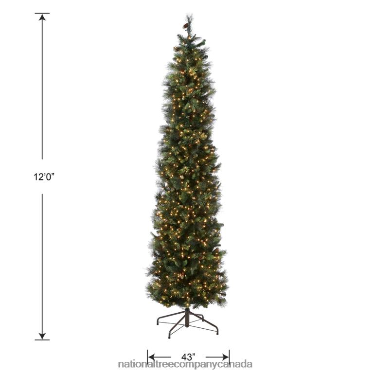 National Tree Company Pre-Lit Artificial Giant Slim Christmas Tree Green Carolina Pine White Lights Flocked with Pine Cones Includes Stand 12 feet 68R0843