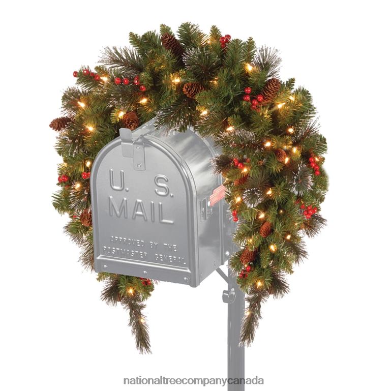 National Tree Company Pre-Lit Artificial Mailbox Swag Decoration Green Crestwood Spruce LED Lights Decorated with Berry Clusters Pine Cones Christmas Collection 3 Feet 68R08439