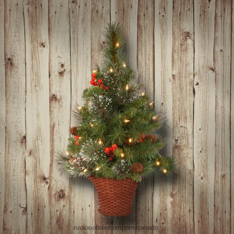 National Tree Company Pre-Lit Artificial Mini Christmas Tree Green Crestwood Spruce White Lights Decorated with Pine Cones Berry Clusters Frosted Branches Includes Wicker Base 3 Feet 68R08159
