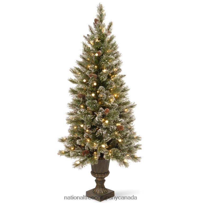 National Tree Company Pre-Lit Artificial Mini Christmas Tree Green Glittery Bristle Pine White LED Lights Flocked with Pine Cones Frosted Branches Includes Decorative Urn Base 4 Feet 68R08162