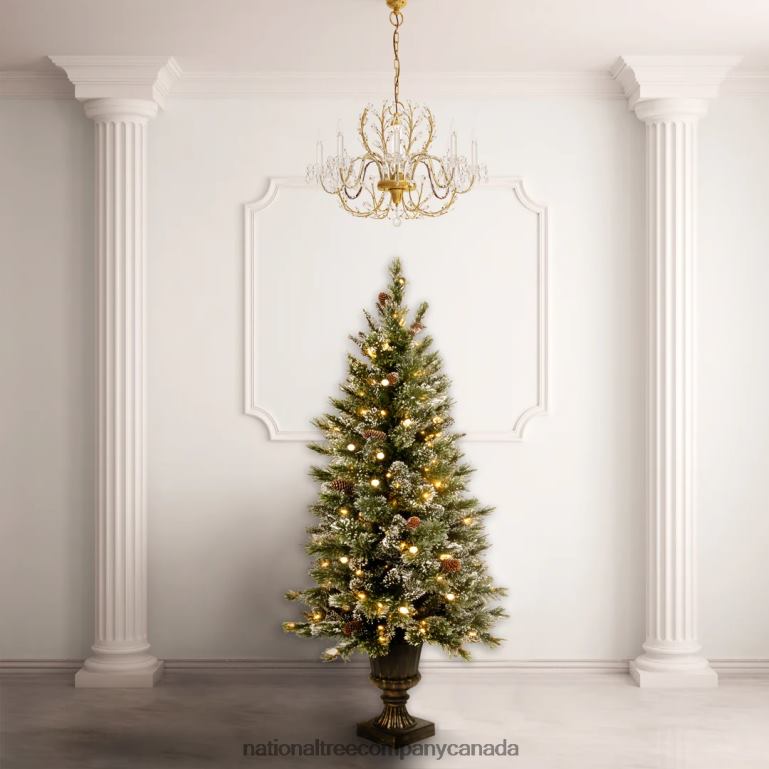 National Tree Company Pre-Lit Artificial Mini Christmas Tree Green Glittery Bristle Pine White LED Lights Flocked with Pine Cones Frosted Branches Includes Decorative Urn Base 4 Feet 68R08162