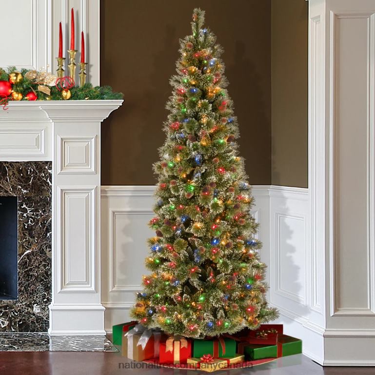 National Tree Company Pre-Lit Artificial Slim Christmas Tree Glittering Pine Green Multicolor Lights Power ConnectDecorated with Pine Cones Includes Stand 9 Feet 68R0868