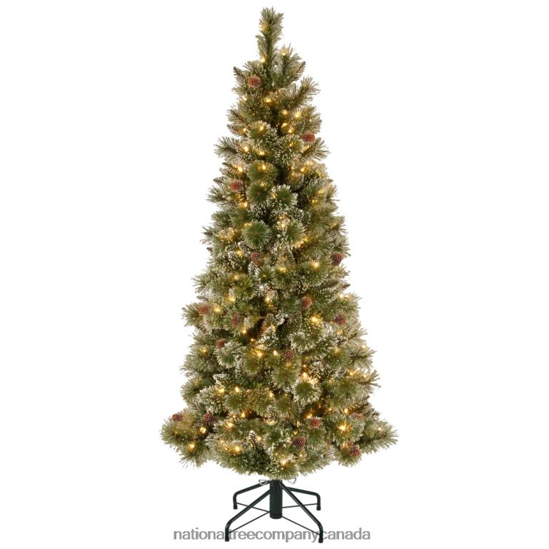 National Tree Company Pre-Lit Artificial Slim Christmas Tree Glittering Pine Green White Lights Decorated with Pine Cones Includes Stand 5 Feet 68R08148