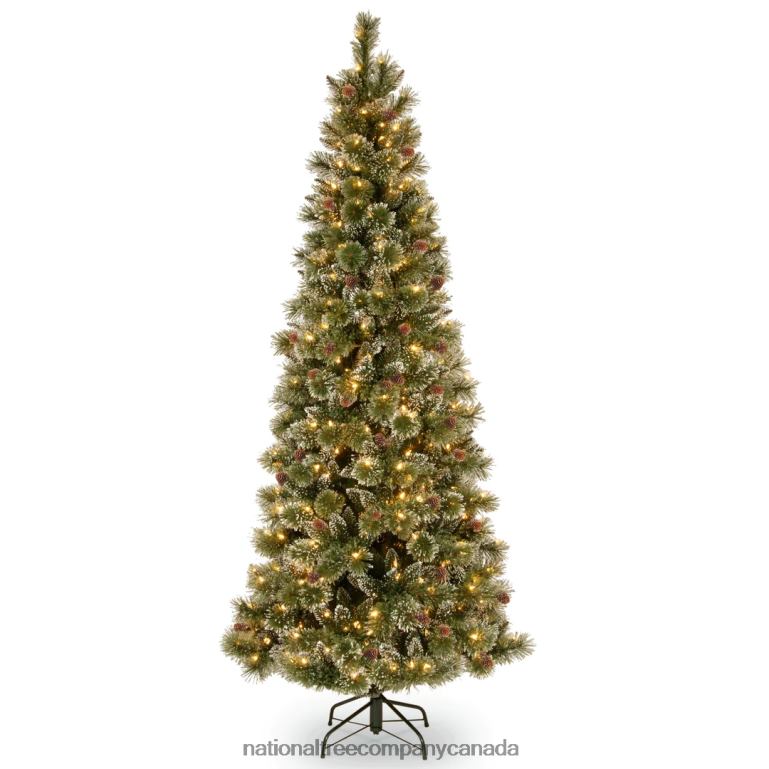 National Tree Company Pre-Lit Artificial Slim Christmas Tree Glittering Pine Green White Lights Power-Connect Decorated with Pine Cones Includes Stand 7 Feet 68R0892