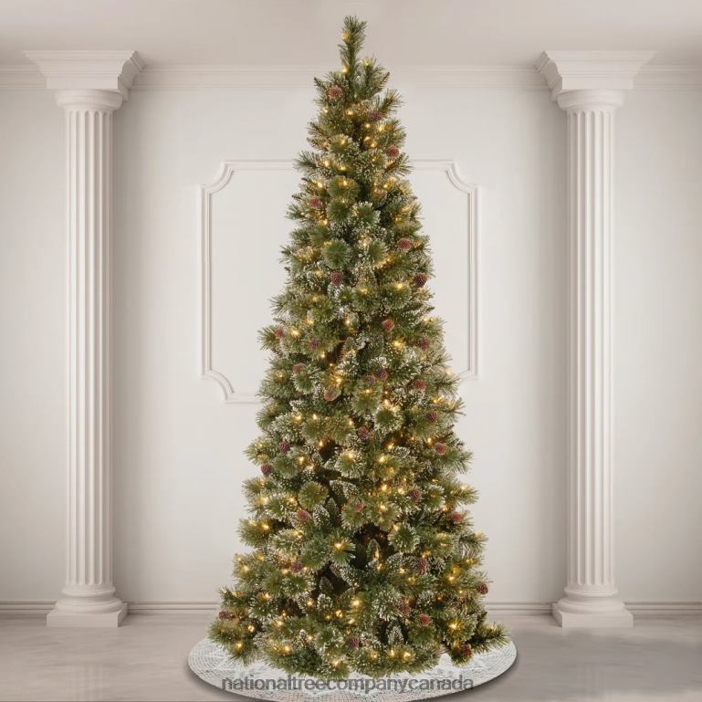 National Tree Company Pre-Lit Artificial Slim Christmas Tree Glittering Pine Green White Lights Power-Connect Decorated with Pine Cones Includes Stand 7 Feet 68R0892