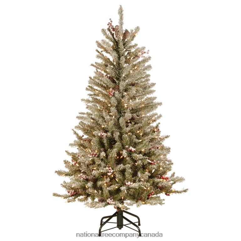 National Tree Company Pre-Lit Artificial Slim Christmas Tree Green Dunhill Fir White Lights Decorated with Pine Cones Berry Clusters Frosted Branches Includes Stand 45 Feet 68R08158