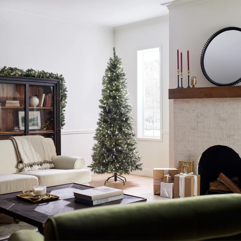 National Tree Company Pre-Lit Artificial Slim Christmas Tree Green Glittery Bristle Pine White Lights Includes Stand 75 Feet 68R08127
