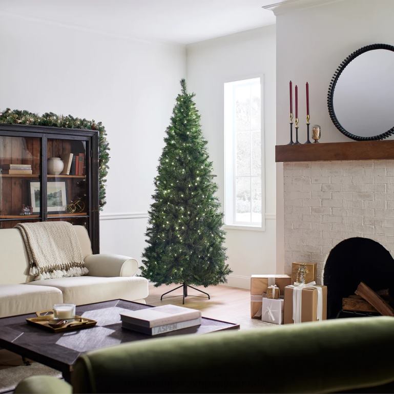 National Tree Company Pre-Lit Artificial Slim Christmas Tree Lehigh Valley Pine Green White Lights Includes Stand 75 Feet 68R08121