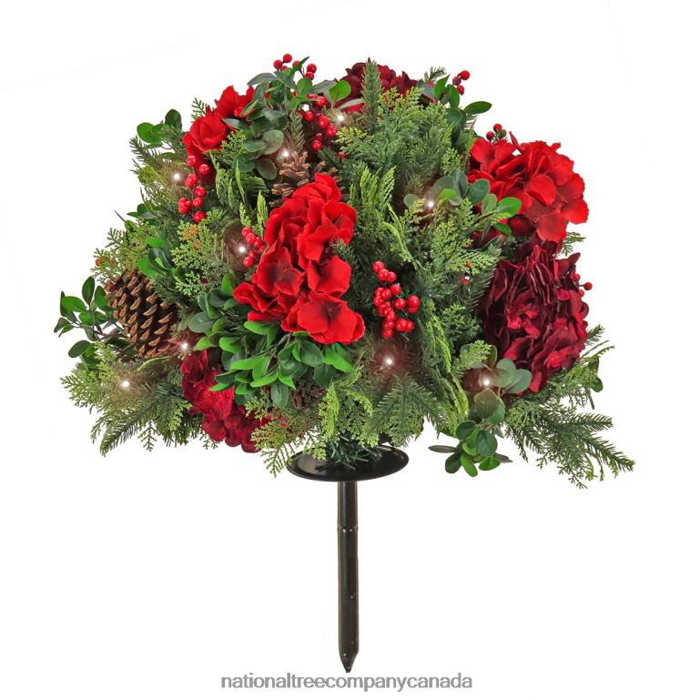 National Tree Company Pre Lit Artificial Urn Filler Vienna Waltz Decorated with Red Flower Blooms Red Berry Clusters Pine Cones Warm White LED Lights Battery Powered Christmas Collection 28 In