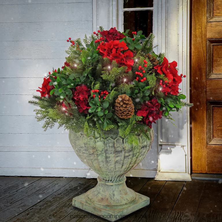 National Tree Company Pre Lit Artificial Urn Filler Vienna Waltz Decorated with Red Flower Blooms Red Berry Clusters Pine Cones Warm White LED Lights Battery Powered Christmas Collection 28 In